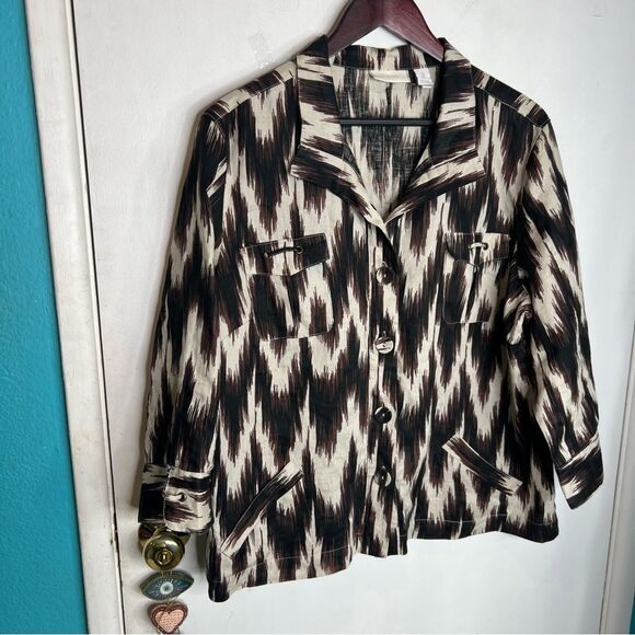 Chico’s Ikat Linen Button Up Shirt Blazer Jacket Boxy Brown Women’s Plus Size 3 - Picture 1 of 9